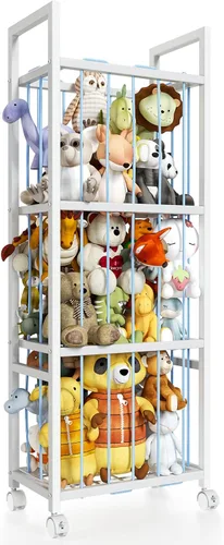 Almacenamiento de animales de peluche, soporte de metal para animales de peluche con ruedas y cordones elásticos, organizador de juguetes para