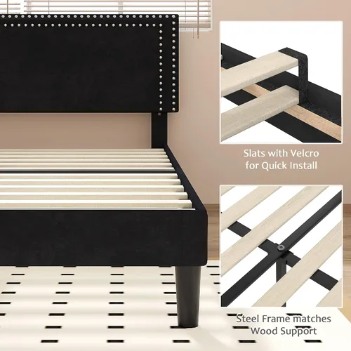 Miniatura 5 de Marco de cama de plataforma tamaño completo con cabecera tapizada ajustable, base de colchón moderna, soporte fuerte de listones de madera,