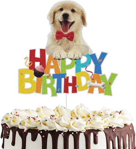 Decoración para pastel de cumpleaños con temática de cachorro de mascota, decoración de pastel de Golden Retriever con purpurina colorida (Golden