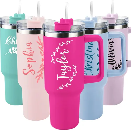 Miniatura 11 de ThermoThrill Se envía al día siguiente, vaso personalizado de 40 onzas con asa y pajita Vaso personalizado con texto Taza de acero inoxidable