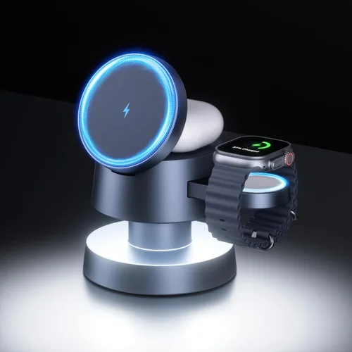 Estación de carga inalámbrica magnética 4 en 1, carga rápida de 15 W con luz nocturna ajustable para soporte de cargador MagSafe, cargador
