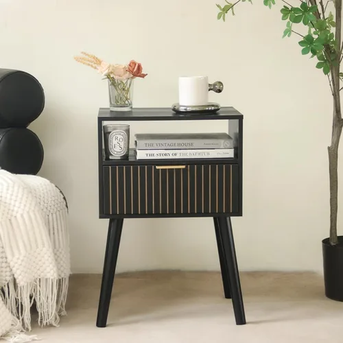 Miniatura 2 de MaxSmeo Mesita de noche negra con cajón, mesita de noche moderna de mediados de siglo con almacenamiento de estantes abiertos, mesa auxiliar