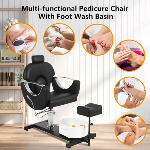 Miniatura 7 de Silla de pedicura giratoria de 360° con taburete y baño de pies de masaje, estación de pedicura hidráulica de altura ajustable sin plomería