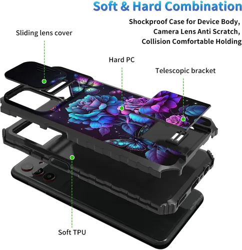 Miniatura 891 de Funda para Samsung Galaxy S22 Ultra 5G, Galaxy S22 Ultra con cubierta de cámara deslizante, funda resistente de doble capa con función atril Black