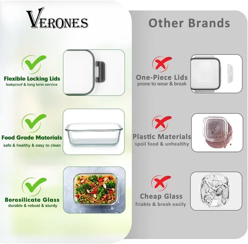 Miniatura 5 de VERONES Juego de 12 paquetes de recipientes de vidrio para almacenar alimentos, recipientes de vidrio herméticos para almuerzos, recipientes