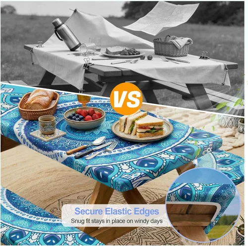 Miniatura 3 de Funda de mesa de picnic con fundas para bancos Esenciales de camping Mantel de picnic impermeable y a prueba de viento con bolsa de cordón, funda