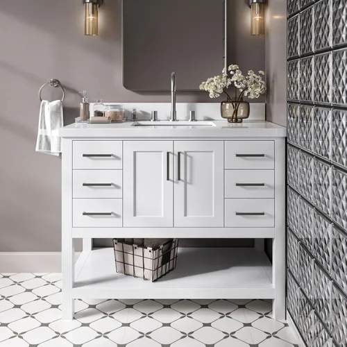 Miniatura 26 de DKB Isabella - Mueble de baño negro de 42 pulgadas con fregadero, lavabo rectangular, encimera de cuarzo blanco puro y protector contra salpicaduras