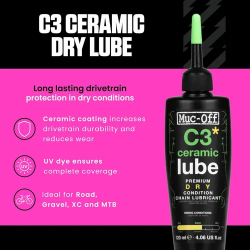 Miniatura 2 de Muc-Off C3 lubricante de cadena de cerámica en seco, 120 mililitros - Lubricante de cadena de bicicleta premium con tinte trazador UV - Formulado