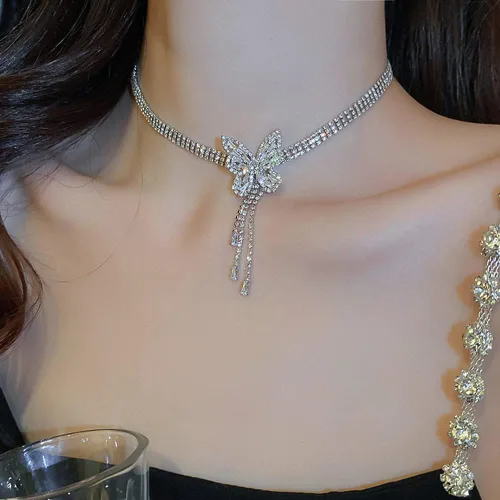 Miniatura 3 de Missgrace Gargantilla de mariposa con diamantes de imitación plateados, collares de cadena de plata con diamantes de imitación, collar de barra