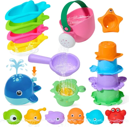 Miniatura 9 de Juguetes de baño sin moldes, 11 piezas Botes flotantes seguros, fáciles de limpiar y divertidos & cuchara & regadera y juguete de ballena