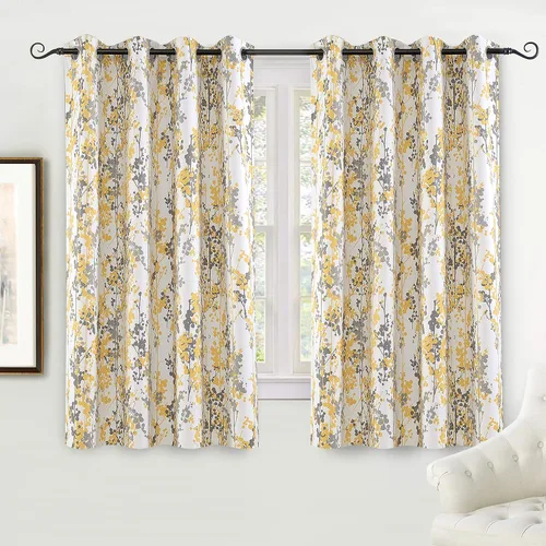 Miniatura 11 de Cortinas DriftAway 100% Blackout Amarillas y Blancas para Sala de Estar, Dormitorio, Cocina, 84 Pulgadas de Largo, Paneles Botánicos con Flores