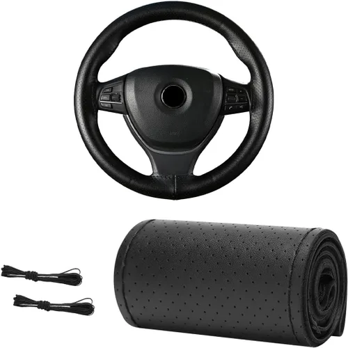 Miniatura 7 de Funda de Volante de Cuero Genuino, 15 Pulgadas, Transpirable, Funda de Volante Envolvente con Costura, Protector de Costura DIY Antideslizante