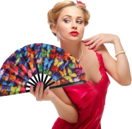 Miniatura 6 de Paquete de 2 ventiladores de mano plegables grandes con bolsas, ventilador de mano de verano para hombres y mujeres para festivales de música, baile