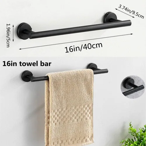 Miniatura 2 de szhdxsy - Juego de 6 accesorios de baño negro mate, soporte para toallas de acero inoxidable SUS 304 montado en la pared, incluye toallero de 16