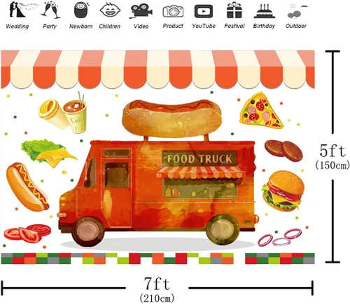 Miniatura 3 de Telón de fondo de camión de comida, 7 x 5 pies, para perros calientes, pizza, hamburguesas, cafeterías, camiones, tiendas, fondo de fotografía