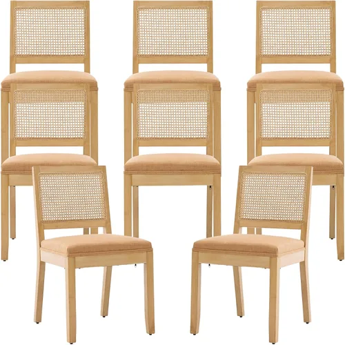 Miniatura 43 de Juego de 2 sillas de comedor de campo francés, sillas de comedor de madera de granja beige, silla de comedor con respaldo tejido con cojín tapizado