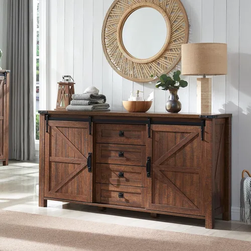 Miniatura 11 de T4TREAM Cómoda de 5 cajones para dormitorio con puerta de granero deslizante, cómoda moderna alta de estilo granja, 5 cajones, organizador de Roble