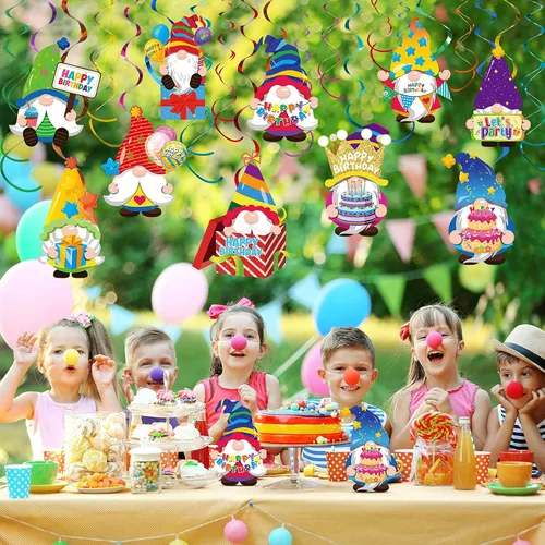 Miniatura 6 de Nezyo 30 decoraciones de gnomos para fiesta de cumpleaños, decoración de remolinos de feliz cumpleaños, espirales colgantes, serpentinas de techo
