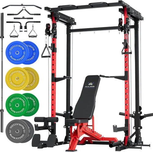 Miniatura 8 de MAJOR FITNESS Drone3 Power Rack, banco de sentadillas para gimnasio en casa de 2500lbs multifunción con sistema de polea doble, barra de tracción