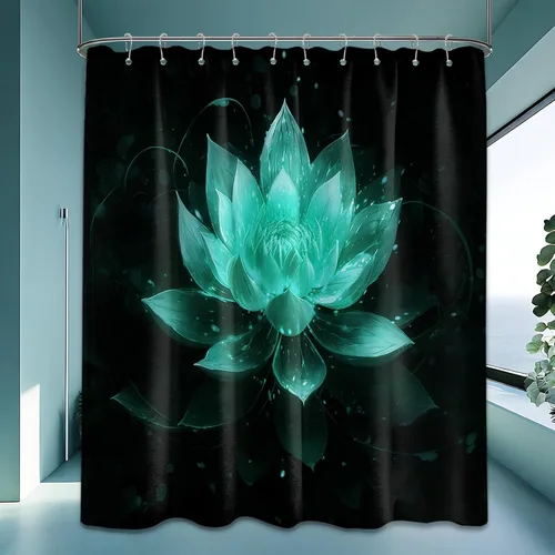 Miniatura 63 de Cortina de ducha con flores de loto negro y azul para decoración de baño, juego de cortinas decorativas de baño con estampado floral, tela