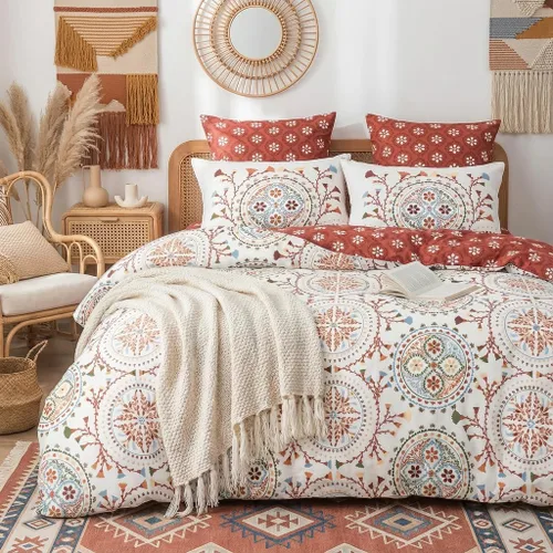 Miniatura 9 de Omelas - Juego de funda de edredón bohemio tamaño Queen, ropa de cama floral boho colorida, edredón súper suave de microfibra, funda de edredón