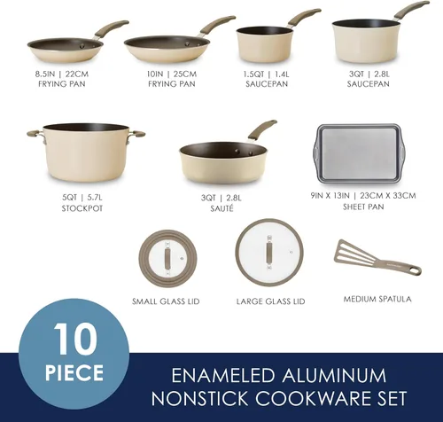 Miniatura 2 de Rachael Ray Cook + Create - Juego de ollas y sartenes antiadherentes, incluye bandeja para hornear y utensilios de cocina, 10 piezas - color almendra