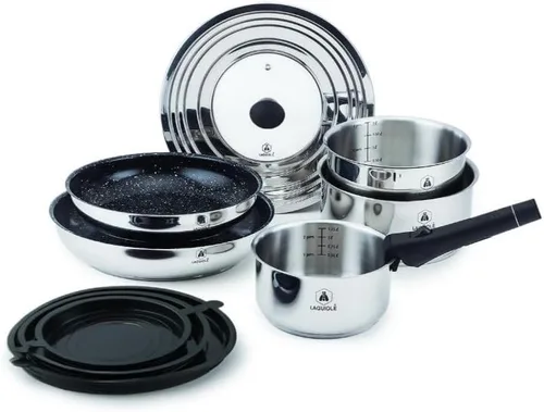 LAGUIOLE, Juego de cocina de inducción con revestimiento de cerámica antiadherente de acero inoxidable de 10 piezas con mango extraíble, 3 ollas y 2