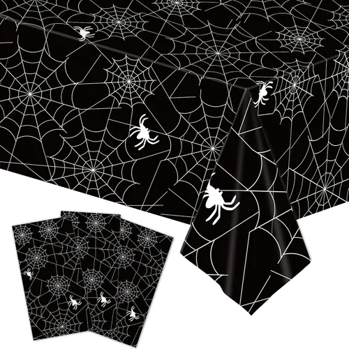 Mantel de plástico de telaraña de Halloween de 3 piezas de 54 x 108 pulgadas - Telaraña negra y blanca con patrones de arañas, cubierta de mesa