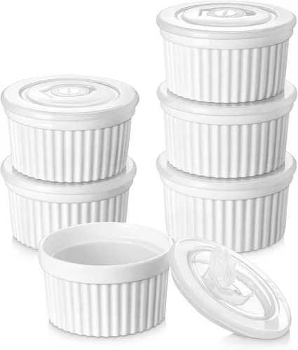 Miniatura 10 de vancasso Ramequines de 177 ml con tapa, cuencos de porcelana para soufflé de crema catalana, tazas de natillas azules para hornear, aptas