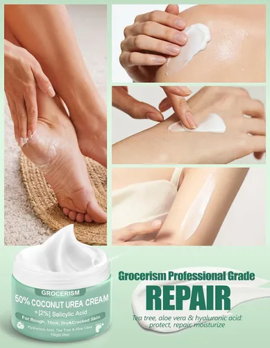 Miniatura 5 de Grocerism Crema de urea 50 por ciento para pies con coco 5.29 onzas Crema para pies y manos de máxima fuerza con 2% de ácido salicílico, árbol