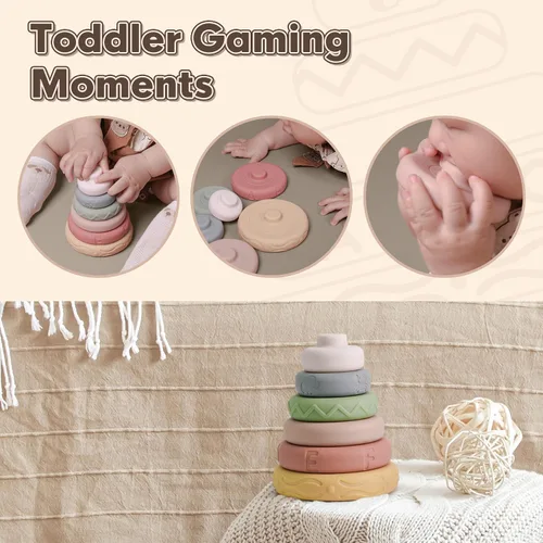 Miniatura 9 de BOBXIN Anillos apilables y anidados para bebés de 4.7 pulgadas, 6 piezas de silicona suave, apiladores de construcción circulares, juego de apretar