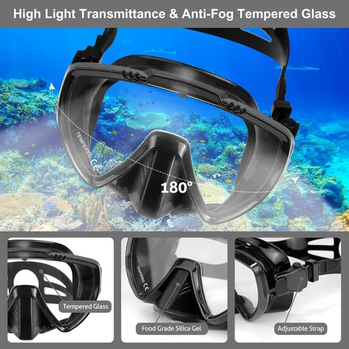 Miniatura 2 de Snorkeling Gear for Adults, Mask Fins Snorkel Set, Panoramic View Diving Mask Anti-Fog, Anti-Leak, Dry Top Snorkel and Dive Flippers with Travel Bag