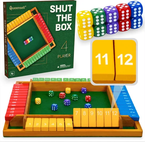 Shut The Box Game Tablero de madera para 4 jugadores, juego de 14 pulgadas, 12 números para adultos y niños, ideal para noche de juegos