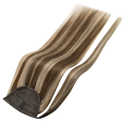 Miniatura 8 de Full Shine - Extensión de cola de caballo con clip, color marrón oscuro con mechas rubio miel, extensión de cabello humano real para mujeres, 14
