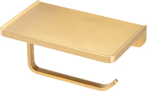 Linkaa Soporte de papel higiénico dorado cepillado con estante, soporte de pared para papel higiénico con estante para teléfono, accesorios de baño,