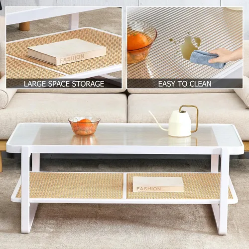 Miniatura 5 de Mesa de centro moderna minimalista blanca de doble capa de madera maciza. Mesa de cristal, mesa con borde de ratán de imitación. Mesa rectangular