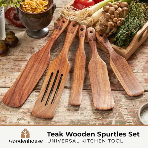 Miniatura 2 de Juego de 5 espátulas de teca, herramientas de cocina de madera, utensilios de cocina antiadherentes para servir, agitar, mezclar, raspar, recoger