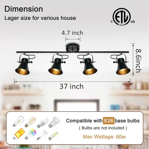 Miniatura 4 de Iluminación de riel, 37 pulgadas, accesorios de iluminación de pista rústica para techo, 4 luces, luz grande de pista de granja para cocina, bar