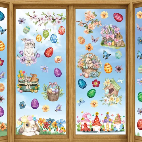 WALPLUS Decoración de primavera para ventana de conejito de Pascua, decoración de primavera, de verano, reutilizable, para despegar y pegar,