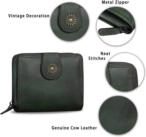 Miniatura 6 de Billeteras de cuero plegables para mujer, estilo vintage, hechas a mano, pequeño, con cremallera, Verdeoscuro, Billetera plegable