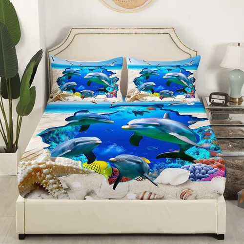 Miniatura 3 de Erosebridal Sábana bajera ajustable con diseño de delfín, diseño de playa oceánica, tamaño individual para niños, niñas, adolescentes, juego de ropa
