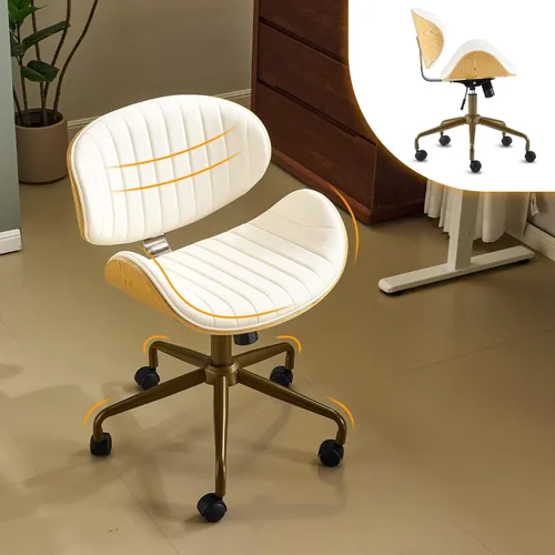 Miniatura 11 de VINGLI Silla giratoria de oficina en casa amplia y cómoda con carcasa curvada de grano de madera, silla de escritorio ergonómica acolchada sin negro