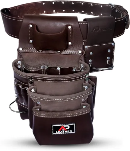Miniatura 9 de Bolsa de herramientas de cuero AP LEATHER Pro-015 para construcción, resistente, con soporte para martillo, hebilla, 3 bolsillos grandes con Granate