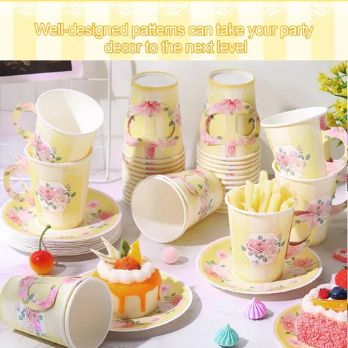 Miniatura 4 de Zopeal 100 piezas desechables para decoración de fiesta de té, taza de papel floral de 9 onzas con asa y platillo para el día de la madre, boda
