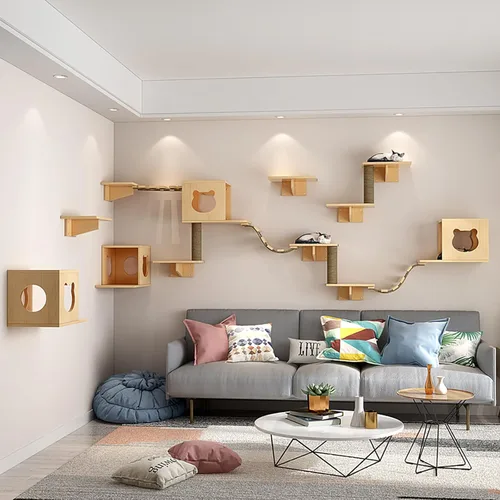 Miniatura 2 de Juego de estantes y muebles de pared para gatos con condominios, perchas, escaleras de puente, postes rascadores de sisal - escalones y casas