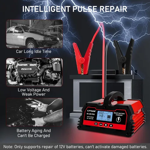 Miniatura 4 de LVYUAN Cargador de batería de 20 A, 12 V/24 V, cargador de batería inteligente para automóvil con cargador de goteo, cargador LiFePO4 de 12 V