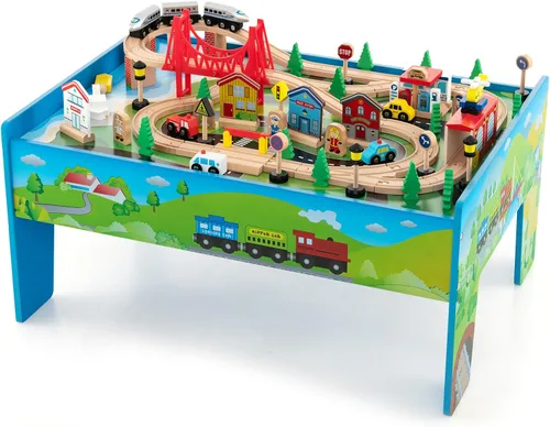 Costzon Mesa de tren, 80 piezas, mesa de actividades de madera para niños con mesa reversible y desmontable, pistas de madera maciza, tren,
