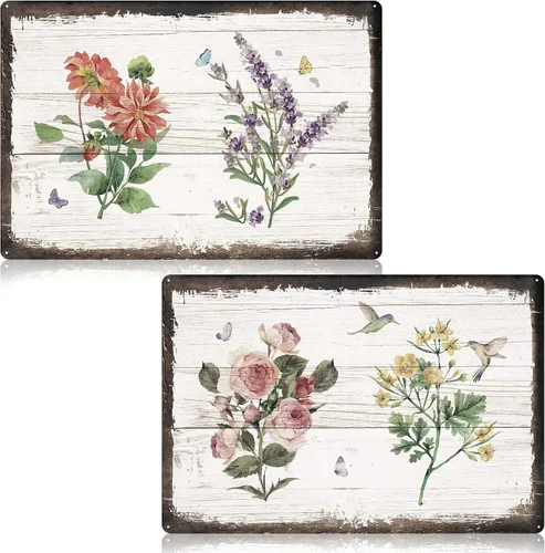 Loopeer 2 letreros de metal vintage con diseño de flores, decoración de pared botánica con rosas rústicas, rústicas, de granja, elegantes, para