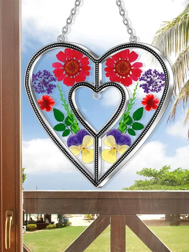 Miniatura 7 de Ky&Bosam - Atrapaluz de cristal, ventana en forma de corazón, con flor prensada, diseño de corazón/ "Mom", regalo para el Día de la Madre, Navidad