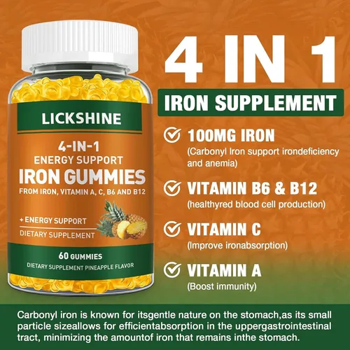 Miniatura 2 de Paquete de 2 gomitas veganas de suplemento de hierro de 100 mg para mujeres y hombres, con vitamina C, A, B para adultos y niños, apoyo energético